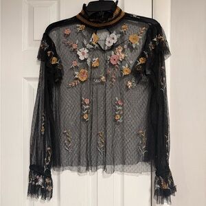 Zara Black Sheer Top with Floral Embroidery sz M (button missing, see details)